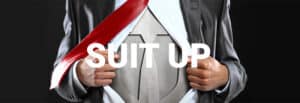 Brand logo and SUIT UP text